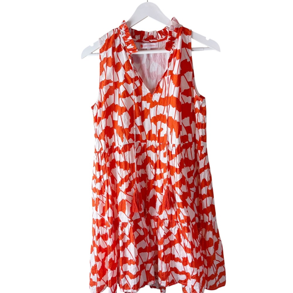 Jude Connally Orange White Leaf Print Tiered Ruffle Neck Sleeveless Dress Size S